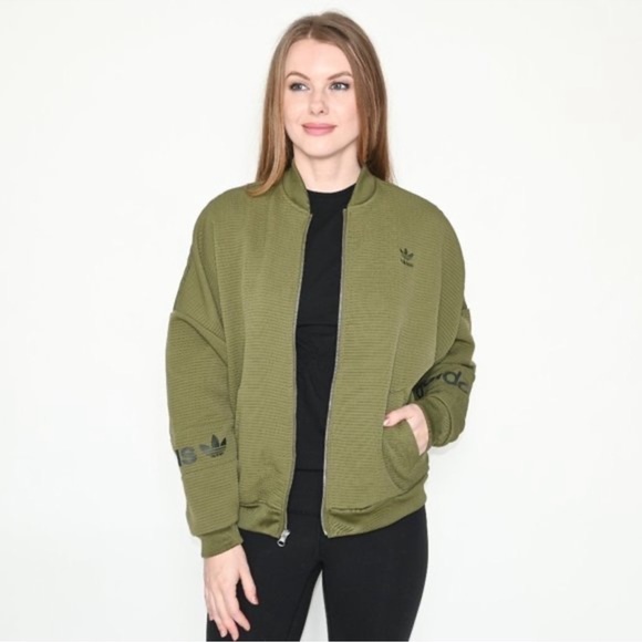 Adidas Originals Three Stripe Waffle Olive Army Green Bomber Jacket Size S - Picture 4 of 7